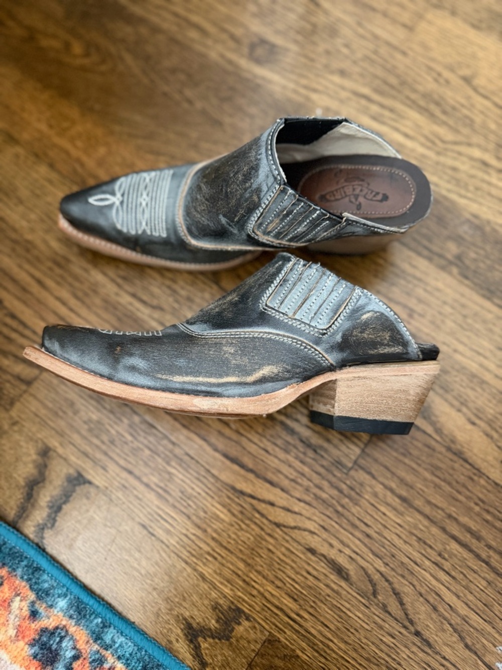 freebird Wentworth Black Distressed Leather Western Mule with Embroidered Toe